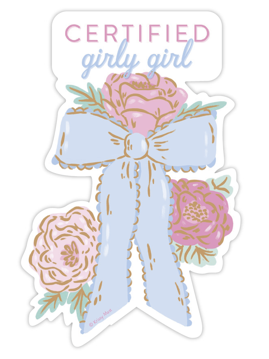 Scalloped Blue Bow And Pink Flowers Sticker