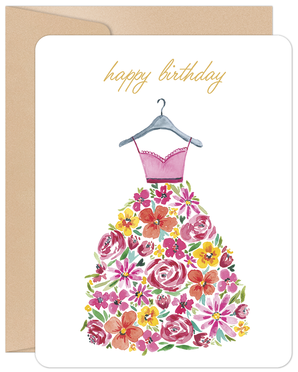 Happy Birthday Floral Dress Birthday Card - Cute Birthday Greeting Card Happy Birthday Floral Dress Birthday Card - Cute Birthday Greeting Card