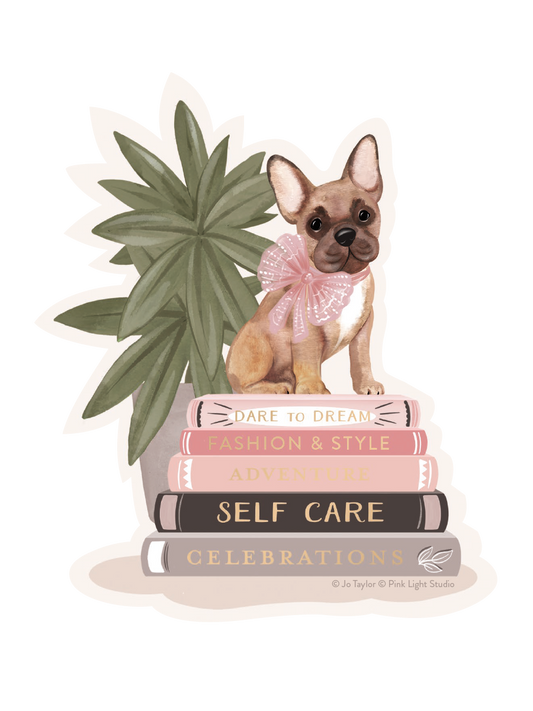 Frenchie Sitting On Pile Of Books Sticker